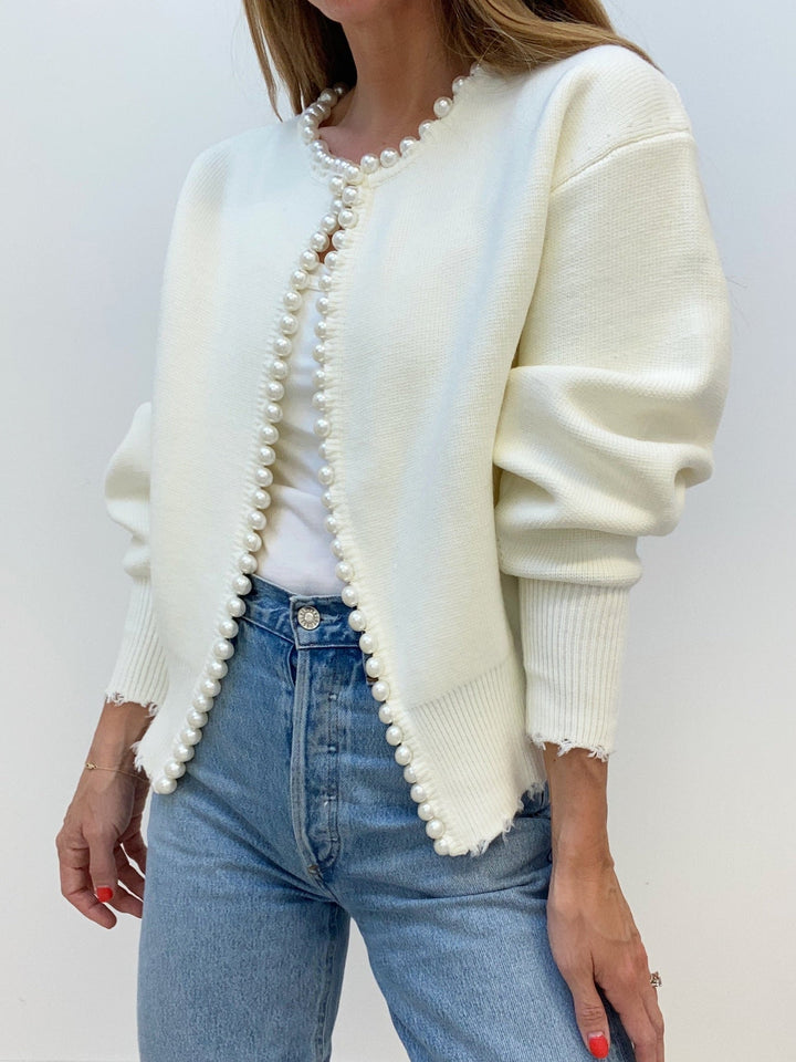 Milena | Pearl Trim Ripped Hem Cardigan