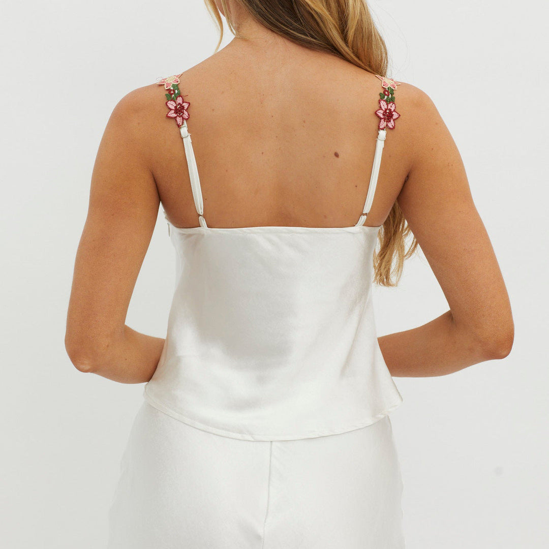 Aliz | Floral Embroidered Strap White Top